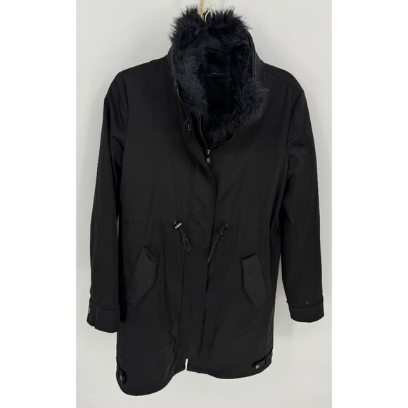 ZARA WOMAN Black Faux Fur Trimmed Winter Coat Full Zip - Picture 2 of 16